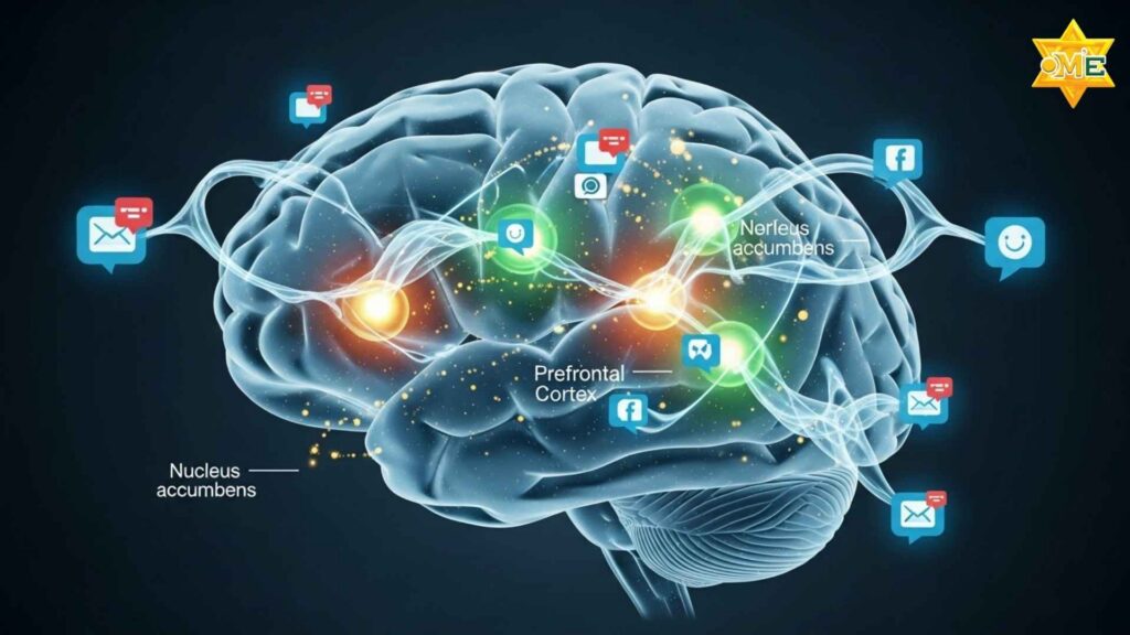 Sơ đồ não bộ minh họa hiệu ứng tâm lý FOMO và vai trò của dopamine.