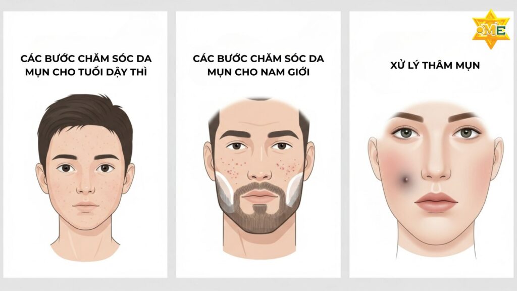 Hình ảnh minh họa ba phần về chăm sóc da mụn đặc thù: cho tuổi dậy thì, cho nam giới và giải pháp làm mờ thâm mụn.