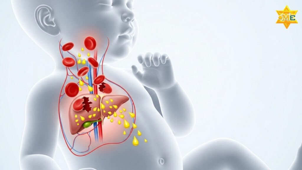 Minh họa cơ chế vàng da bé sơ sinh: Bilirubin tích tụ do gan non yếu.