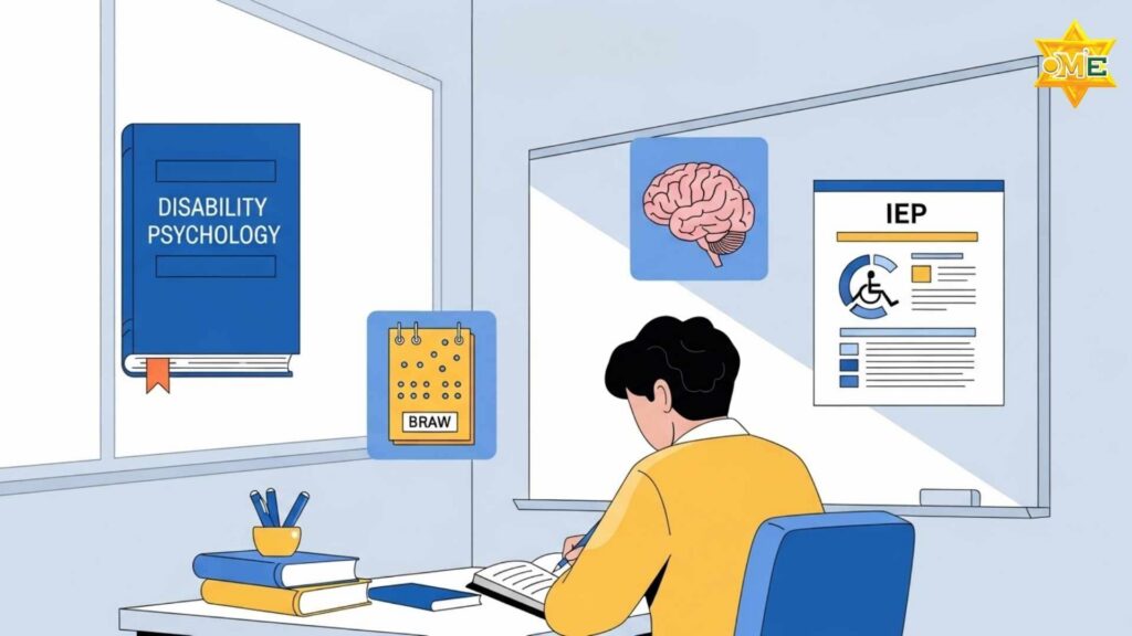 Minh họa sinh viên học ngành giáo dục đặc biệt với sách, mô hình não bộ và bảng chữ nổi Braille trong không gian học tập đại học.