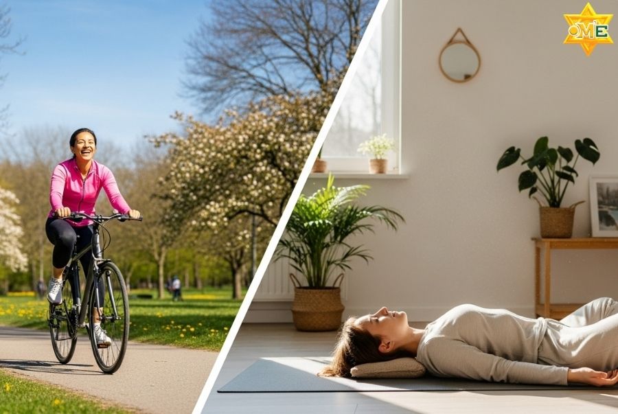 Ảnh ghép các cách giảm huyết áp tự nhiên, bao gồm đạp xe ngoài trời và tập yoga thư giãn.