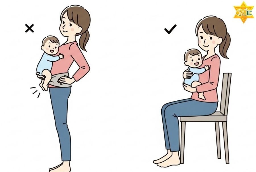 tư thế bế bé đúng cách (ngồi) và sai (đứng, lệch hông) để giảm áp lực lên khớp gối sau sinh.
