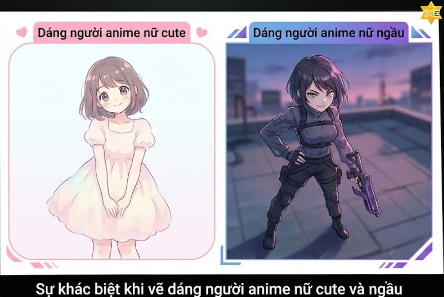 so sánh dáng người anime nữ cute và dáng người anime nữ ngầu