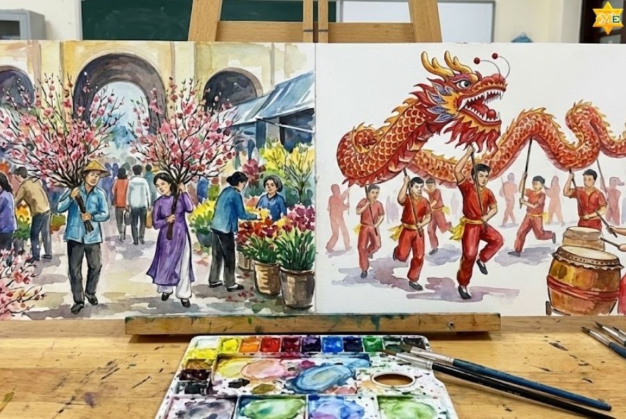 Ý nghĩa và chủ đề vẽ tranh tết và mùa xuân lớp 9 phổ biến